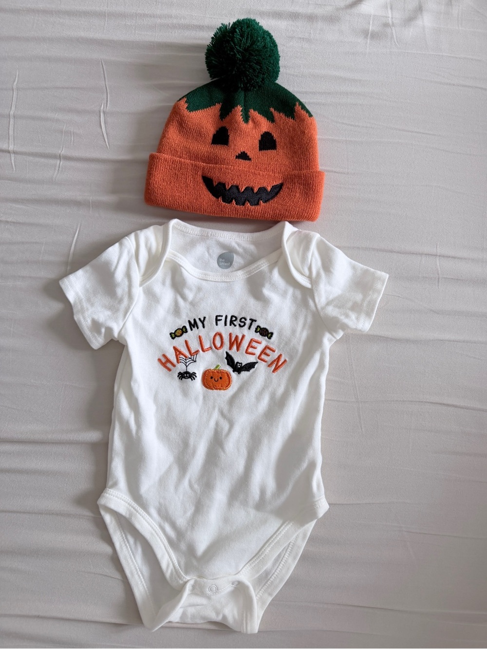 Indigo Orange Pumpkin Knit Hat & White "My First Halloween" Bodysuit Set